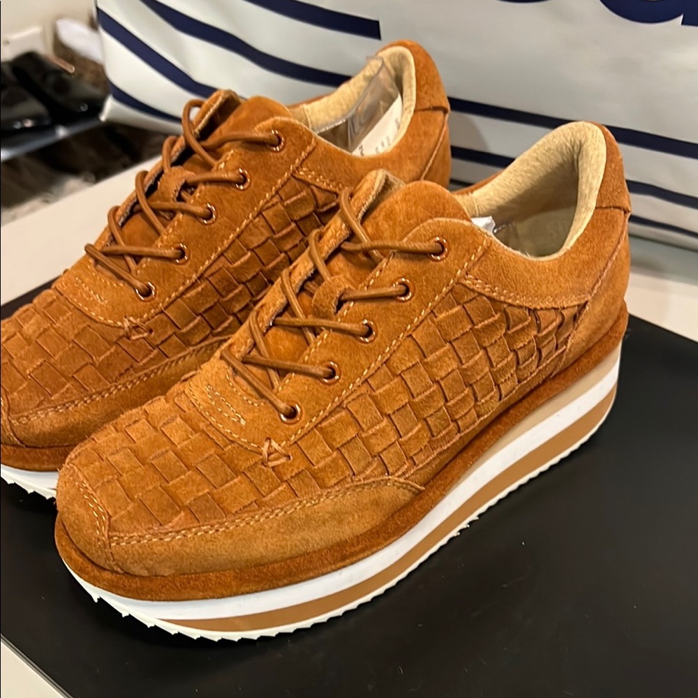 Kelsi Dagger Woven Suede Platform Sneakers - Cognac Brown